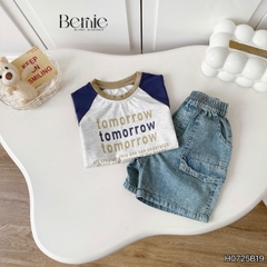 Set bộ tay ngắn raplang phối màu áo thun họa tiết Tomorrow và quần short jean bé trai 1 đến 7 tuổi BERNIE H0725B19