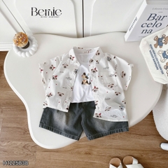  Set sơ mi 3 chi tiết áo tay ngắn họa tiết in tràn Cún áo ba lỗ kèm quần short kaki cho bé trai 9 tới 28kg BERNIE H1225B38