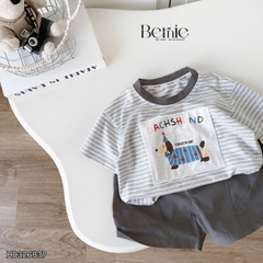 Set bộ bé trai áo thun tay ngắn họa tiết kẻ ngang Sausage Dog kèm quần short kaki cho bé trai size 9 đến 28kg BERNIE H0326B37
