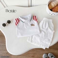 Set polo thêu ngựa áo tay ngắn raplang kẻ sọc kèm quần short kaki cho bé trai size 11 đến 28kg BERNIE H0226B35