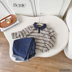 Set bộ dài tay cho bé trai áo polo họa tiết kẻ thêu Dog phối quần dài suông denim size 11 tới 28kg BERNIE V0426B37