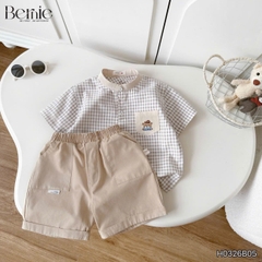 Set bộ sơ mi nâu gấu Lucky áo cổ trụ tay ngắn caro kèm quần short cho bé trai từ 11 đến 28kg BERNIE H0326B05