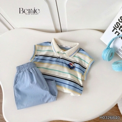 Set bộ polo tanktop kẻ ngang Little Pilot cho bé trai kèm quần short kaki phong cách Hàn quốc 9 đến 28kg BERNIE H0326B40
