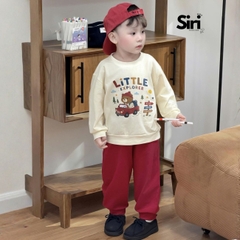 Set bộ dài tay chất thun cotton áo be họa tiết Little Explorer kèm quần dài đỏ size 10 tới 27kg BERNIE SIRI 6383BDK