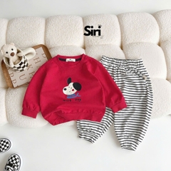 Set bộ dài tay thu đông thun cotton áo đỏ họa tiết cún nhỏ ấm áp kèm quần dài kẻ sọc size 9 tới 26kg BERNIE SIRI 6382BDK