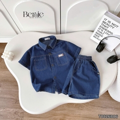 Set bộ sơ mi denim cho bé trai áo sơ mi phối túi kèm quần short size 9 đến 28kg BERNIE T0126B13Đ