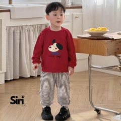 Set bộ dài tay thu đông thun cotton áo đỏ họa tiết cún nhỏ ấm áp kèm quần dài kẻ sọc size 9 tới 26kg BERNIE SIRI 6382BDK