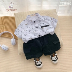 Set đồ bộ sơ mi tơ đũi ngắn tay cho bé trai đi biển đi chơi áo họa tiết hoa lá cây dừa nổi bật kèm quần BERNIE