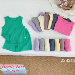 Set đồ bộ thun ngắn tay ba lỗ cho bé trai bé gái hàn quốc màu trơn chất thun tăm mặc nhà đi học BERNIE từ 1 đến 7 tuổi