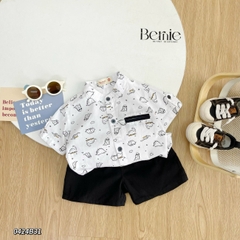 Set đồ bộ sơ mi tơ đũi ngắn tay cho bé trai đi biển đi chơi áo họa tiết hoa lá cây dừa nổi bật kèm quần BERNIE