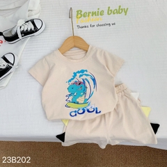 Set đồ bộ ngắn tay khủng long cho bé trai BERNIE thun cotton màu trơn basic 9 đến 25kg Vải Cotton Heo