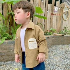 Áo sơ mi ngắn tay bé trai đáp túi chữ Plastic vintage chất thô đũi mềm cho bé 1 đến 7 tuổi BERNIE