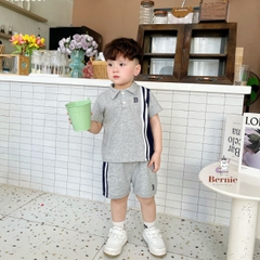 Set bộ thun cho bé trai bé gái unisex phong cách thể thao polo phối sọc kết hợp quần ngắn từ 8 đến 25kg BERNIE 1123B007