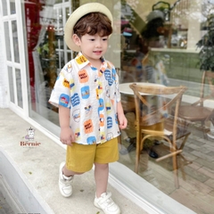 Set sơ mi tơ đũi cho bé trai đi biển đi chơi áo họa tiết hoa lá cây dừa nổi bật kèm quần BERNIE