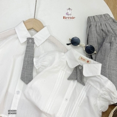 Set sơ mi trắng đồng phục đôi cho bé trai bé gái kèm cà vạt quần kaki ngắn đi học đi tiệc 1 đến 7t BERNIE 0124b32