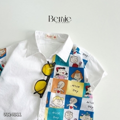 Set sơ mi họa tiết hoạt hình cho bé trai kèm quần short kaki ngắn đi chơi đi học 1 đến 7t BERNIE 0324B11