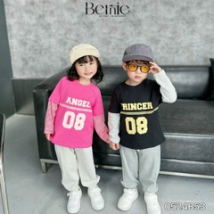 Set bộ thun dài tay cotton phối tay sọc in chữ số cho bé trai bé gái đi chơi đi học 1đến 7tuổi BERNIE 0524B35