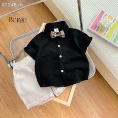 Set bộ vest gile công tử bé trai áo sơ mi tay ngắn màu đen phối gile kèm nơ 1 đến 7T BERNIE 0724B26