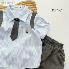 Set bộ sơ mi đồng phục học sinh ngắn cho bé trai bé gái áo sơ mi kèm nơ  cà vạt 1 đến 7 tuổi BERNIE 0724B42