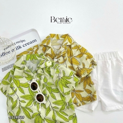 Set sơ mi đũi unisex bé trai bé gái đi biển họa tiết đi biển lá nổi bật size 1 đến 7 tuổi BERNIE 0124B39