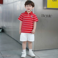 Bộ thun tay ngắn bộ polo sọc kèm quần short trắng bé trai phong cách Hàn quốc size 1 tới 7 tuổi BERNIE