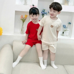 Đồ bộ unisex tay ngắn chất thun tăm cho bé trai bé gái họa tiết thêu gấu size từ 9 đến 24kg BERNIE H0125B14