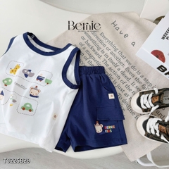 Set bộ ba lỗ cho bé trai áo thun ba lỗ in họa tiết kèm quần thun cotton 4 chiều 1 đến 7 tuổi BERNIE T0225B29