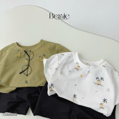 Set bộ thun tay ngắn basic cho bé trai mùa hè họa tiết cây dừa size 9 đến 28kg tuổi BERNIE H1024B23
