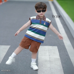 Set bộ polo kẻ ngang tanktop thêu gấu cho bé trai kèm quần short jean phong cách Hàn quốc 9 đến 28kg BERNIE H0125B35