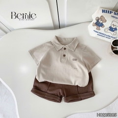 Set bộ polo tay ngắn màu nâu họa tiết in túi và chữ kèm quần short bé trai 1 đến 7t BERNIE H0225B25
