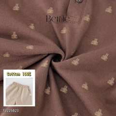 Set bộ polo tay ngắn cổ dệt màu nâu họa tiết gấu kèm quần short đùi kaki 1 đến 7 tuổi BERNIE T0225B23