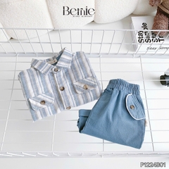 Set bộ tanktop cho bé trai áo sơ mi tanktop họa tiết kẻ xanh phối túi kèm quần short jean 9kg đến 28kg BERNIE P1224B01