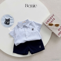 Set sơ mi ngắn tay kẻ sọc bé trai họa tiết thêu cáo kèm quần short cho bé từ 9kg tới 28kg BERNIE P0125B28