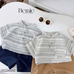  Set bộ sơ mi cổ trụ kẻ ngang phối túi viền kèm quần short kaki cho bé trai size 9 đến 28kg BERNIE H1124B65
