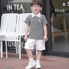 Set bộ polo kẻ đen phối màu thêu cún kèm quần short kaki cho bé trai 1 đến 7 tuổi BERNIE H0625B02