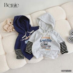 Set bộ tay dài thể thao unisex tay áo phối kẻ áo có mũ họa tiết ô tô đi chơi đi học 1 đến 7 tuổi BERNIE H0725B55