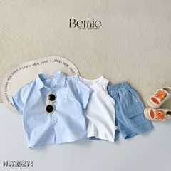 Set sơ mi 3 món đi biển đi chơi phong cách hàn quốc cho bé trai áo sơ mi áo ba lỗ và quần short cho bé trai size 1 tới 7 tuổi BERNIE H0725B74