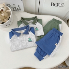 Set bộ polo tay dài raplang phối màu họa tiết thêu khủng long kèm quần dài cho bé trai size 1 đến 7 tuổi BERNIE H0425B59
