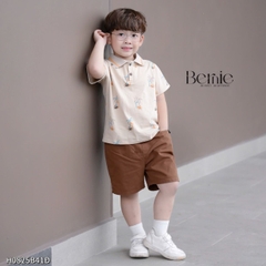 Set bộ polo cho bé trai màu nâu họa tiết cây dừa in tràn kèm quần short đùi kaki 1 đến 7 tuổi BERNIE H1124B14
