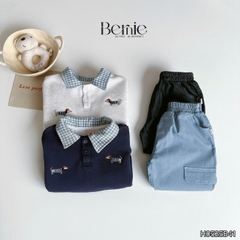 Set bộ nỉ tay dài phối cổ sơ mi sọc họa tiết thêu cún dễ thương kèm quần dài cho bé trai size 1 đến 7 tuổi BERNIE H0525B41