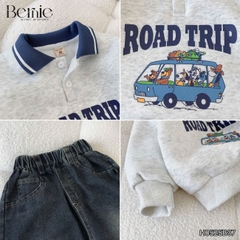 Set bộ polo dài tay cho bé trai áo polo nỉ họa tiết Enjoy the space kèm quần jean dài size 9 tới 28kg BERNIE H0525B37