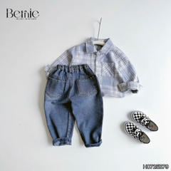 Set bộ bé trai áo sơ mi dài tay kẻ Coolboy kèm quần jean dài size 9 tới 28kg BERNIE H0725B79