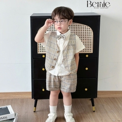 Set bộ quần áo vest set sơ mi ngắn tay công tử bé trai đính nơ rời mặc sinh nhật đi chơi đi tiệc 1 đến 7 tuổi BERNIE