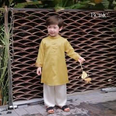 Áo dài bé trai kèm quần bé trai lụa gân màu đỏ màu vàng phối gấm rồng BERNIE bé từ 9 đến 24kg 22b490