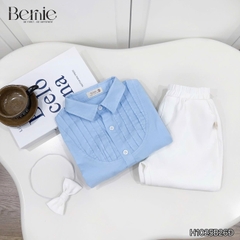 Set sơ mi dài tay màu xanh cho bé trai công tử có nơ mặc thôi nôi sinh nhật sự kiện 1 đến 7 tuổi BERNIE H1025B26Đ