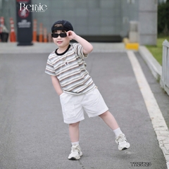  Set bộ kẻ ngang cho bé trai áo cotton tay ngắn đính tag kèm quần short kaki size 9kg tới 28kg BERNIE KIDS T1125B23