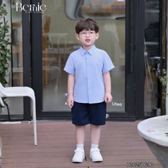 Set bộ sơ mi xanh basic tay ngắn kèm quần short cho bé trai từ 9 đến 25kg BERNIE H0125B69Đ