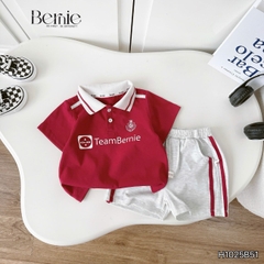Set bộ polo tay ngắn cho bé trai áo thun polo cổ dệt hình in huy hiệu team Bernie và quần short size 9 tới 28kg H1025B51
