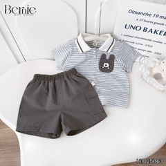 Set bộ polo tay ngắn cổ dệt họa tiết kẻ ghi phối túi ngực kèm quần short kaki size 1 đến 7 tuổi BERNIE H1025B63