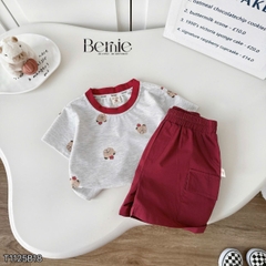 Set bộ thun tay ngắn họa tiết Gấu nhỏ vui nhộn kèm quần short kaki size 9 tới 28kg BERNIE T1125B18